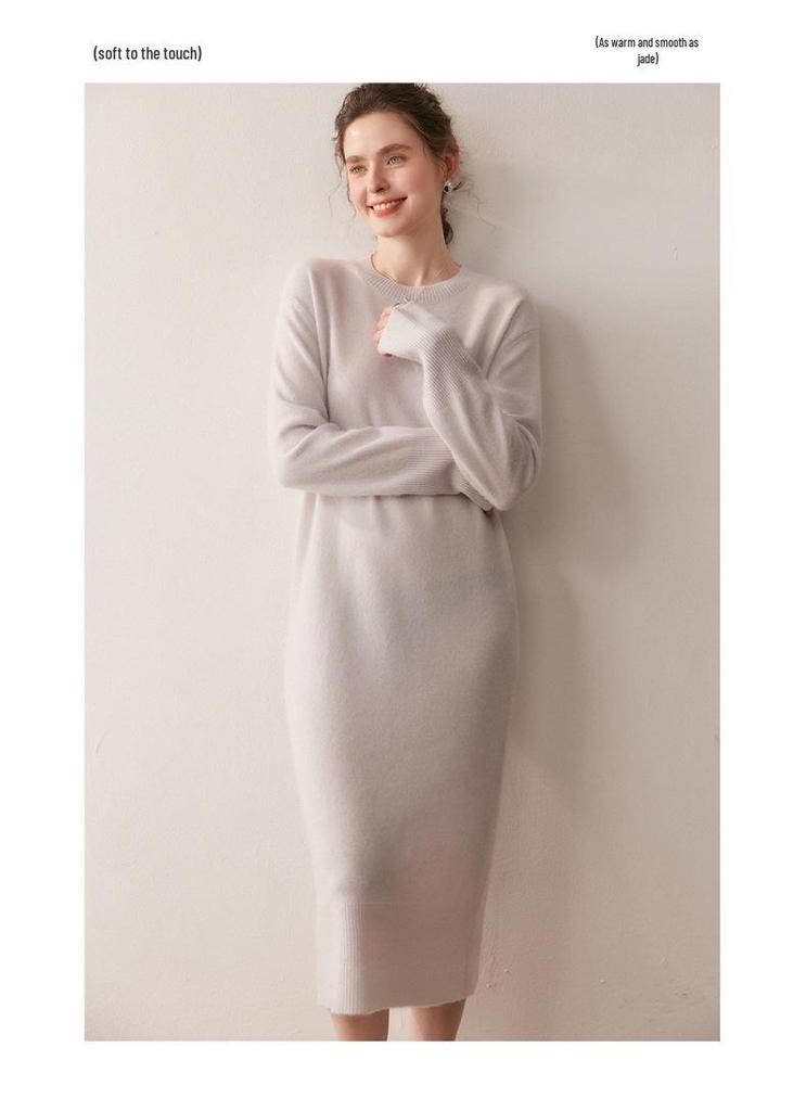 Autumn/Winter Women's Thick Solid Cashmere Knit Dress - Long Loose Wool Skirt