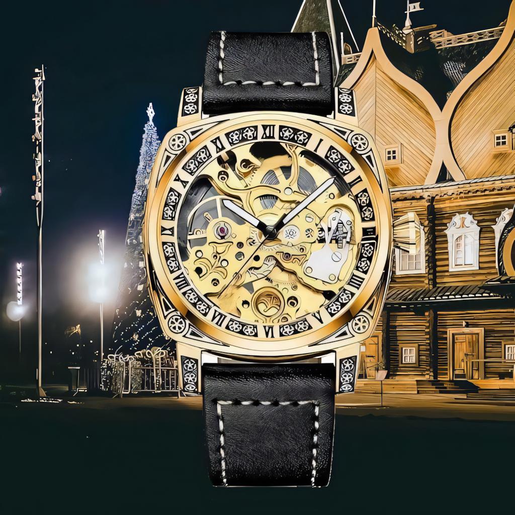 TEVISE Watches for Man Square Retro Mechanical Watch Self-Wind Carved Skeleton Automatic Watches Vintage Leather Strap Wristwatch