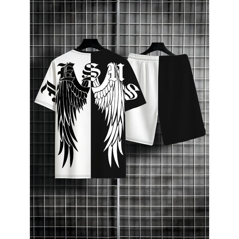 

Men s Summer Fashion 2-Piece Set: Gothic Wing Graphic T-Shirt and Shorts XL