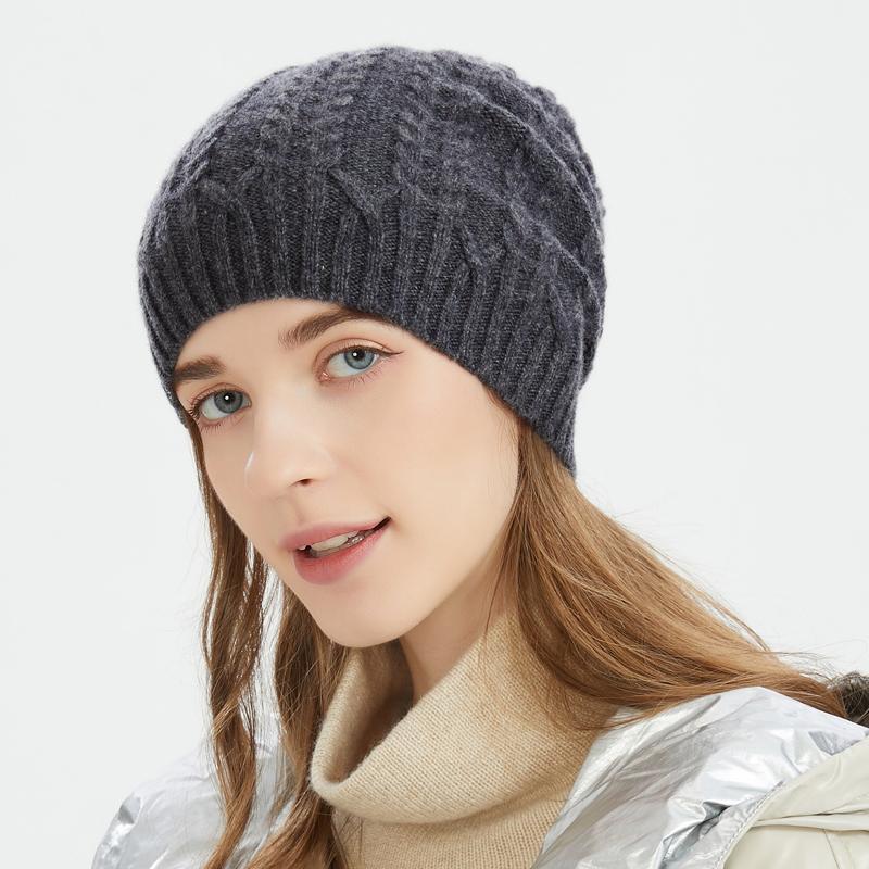 Fashion Luxury Plaid Pattern Ribbed Knitted Hat Winter Custom Logo 100% Wool Warm Women's Adult