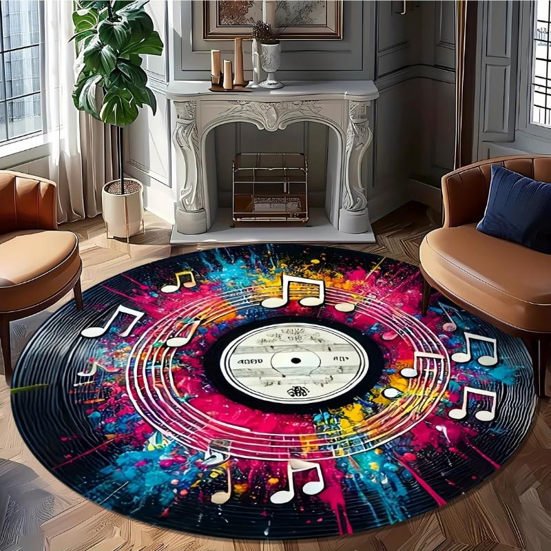Colorful Splash Vinyl Record Musical Note Round Rug, Graffiti Music Staff Floor Mat for Music Studio Living Room Sofa Side Bar