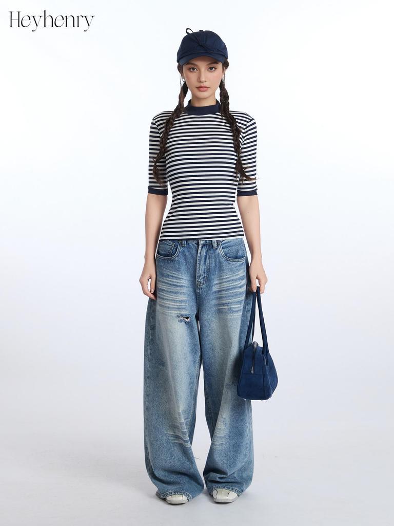HeyHenry Women's Striped Color Block Seven-Sleeve Slim Fit T-shirt