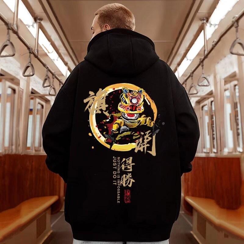 

Men Oversized Pullover Hoodie Fashion Loose Chinese style lion dance Print Long Sleeve Couple Clothes S