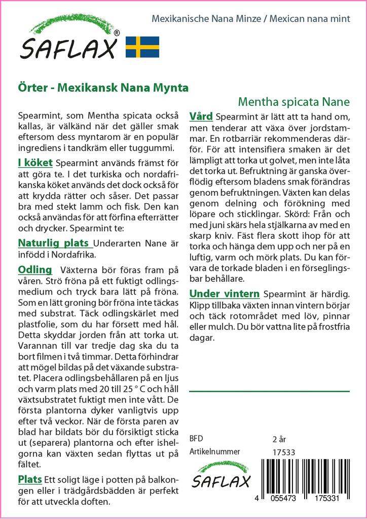 SAFLAX Garden In the Bag - Mexican Nana Mint - 500 Seeds - With Substrate In a Fitting Stand Up Bag - Mentha Spicata