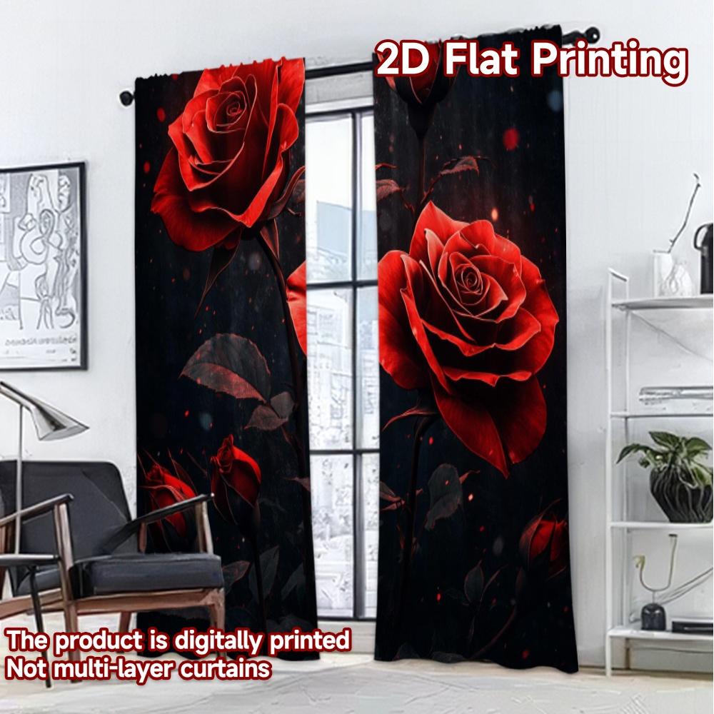 2D FLAT PRINTING 2pcs Curtains (Without Rod) Valentine's Day Red Roses Creative Chic Curtains Versatile Polyester Fabric