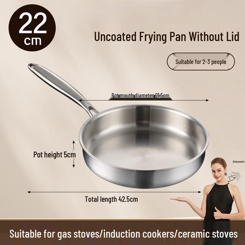 ZISIZ 22cm Food-Grade 304 Stainless Steel Non-Stick Frying Pan with Lid