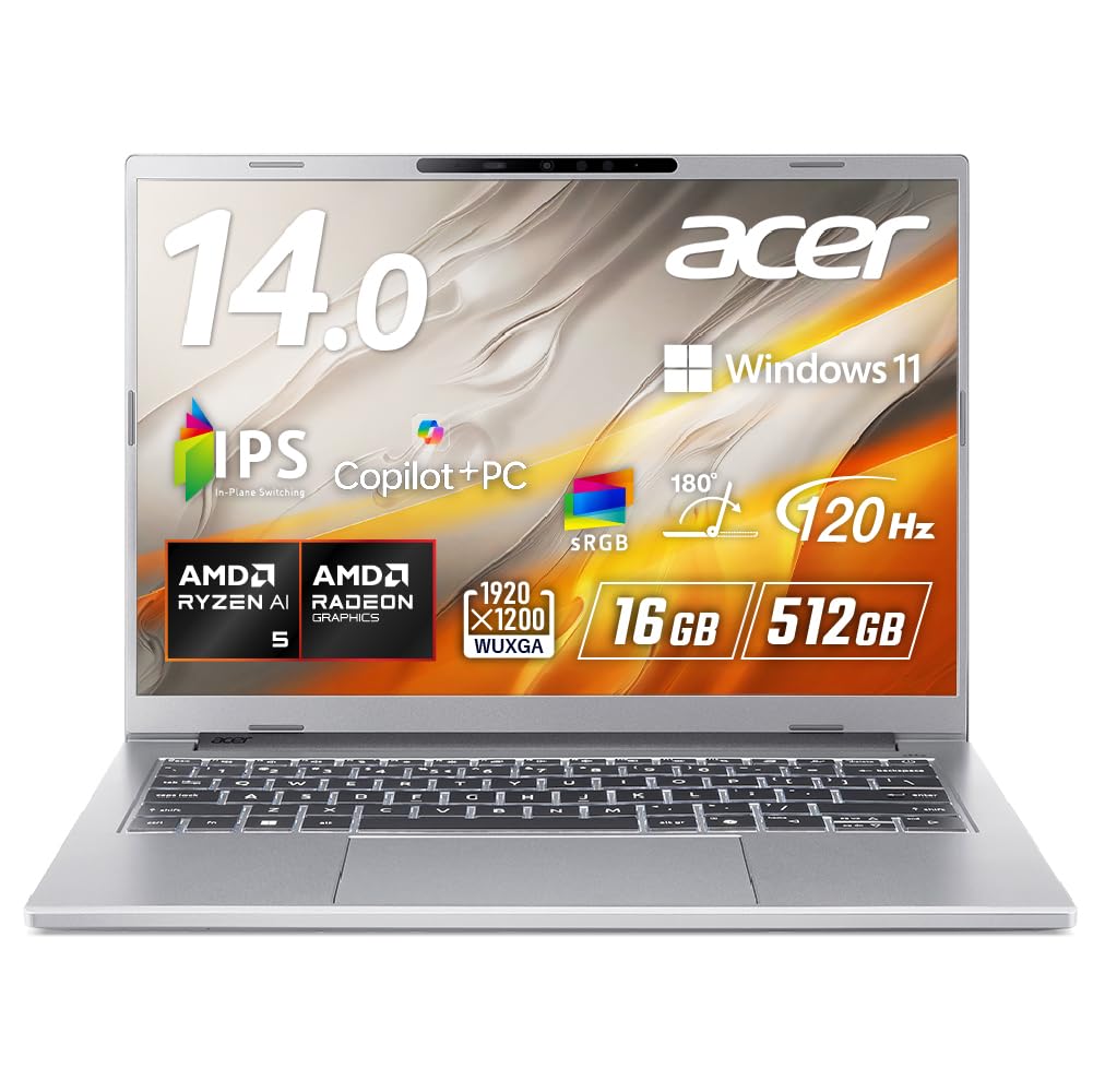 Acer Aspire 14 AI WUXGA Matte AMD Ryzen AI 5 120Hz IPS 16GB 512GB Aluminum Battery Sliding WiFi Japanese Keyboard Monitor, 14-inch, 1610 IPS, 340,
