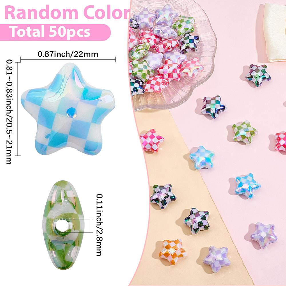 50Pcs UV Plating Opaque Acrylic Beads Iridescent Star with Check Pattern Mixed Color 20.5~21x22x10.5mm Hole: 2.8mm