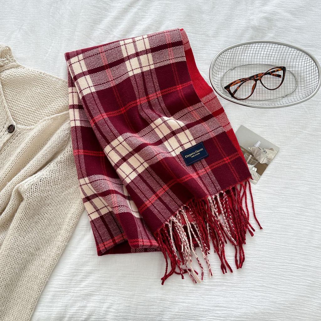 New Classic Korean Style Double Sided Plaid Tassel Scarf for Women Winter College Style Couple Versatile Warm Scarf
