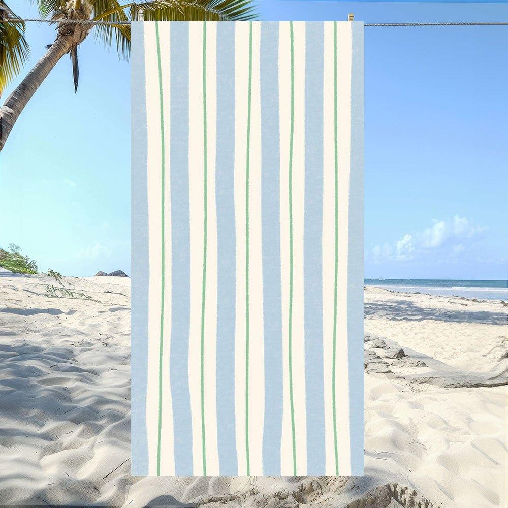 

Light Blue White Green Pinstripe Beach Towel, Oversized Wraparound Fresh Island Holiday for Swimming Camping W40*H60(CM)