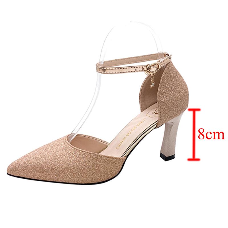 Fashion Bling Gold Silver Women Pumps 2025 Sexy Point Toe Thin Heel Party Wedding Shoes Womens Summer Ankle Strap 8cm High Heels Shoes