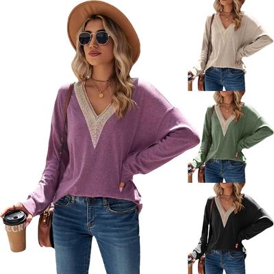 2024 European And American New Autumn And Winter Long Sleeved Lace V-Neck Solid Color Loose Brushed Base T-Shirt For Women