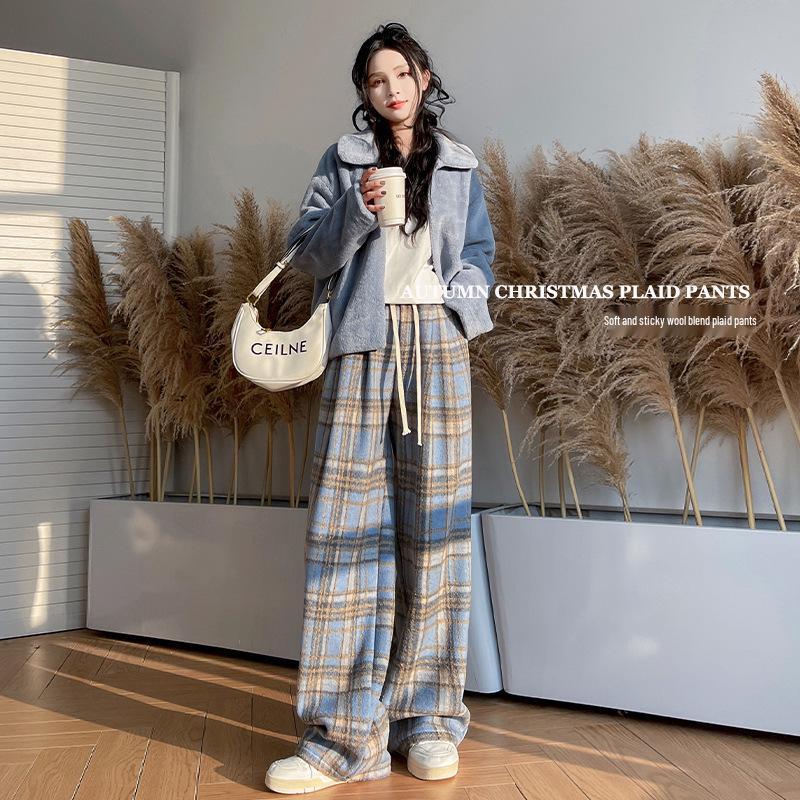 Women's Winter Fleece-Lined Tweed Plaid Wide-Leg Pants: Warm, Thick, Loose, and Straight-Leg Design.