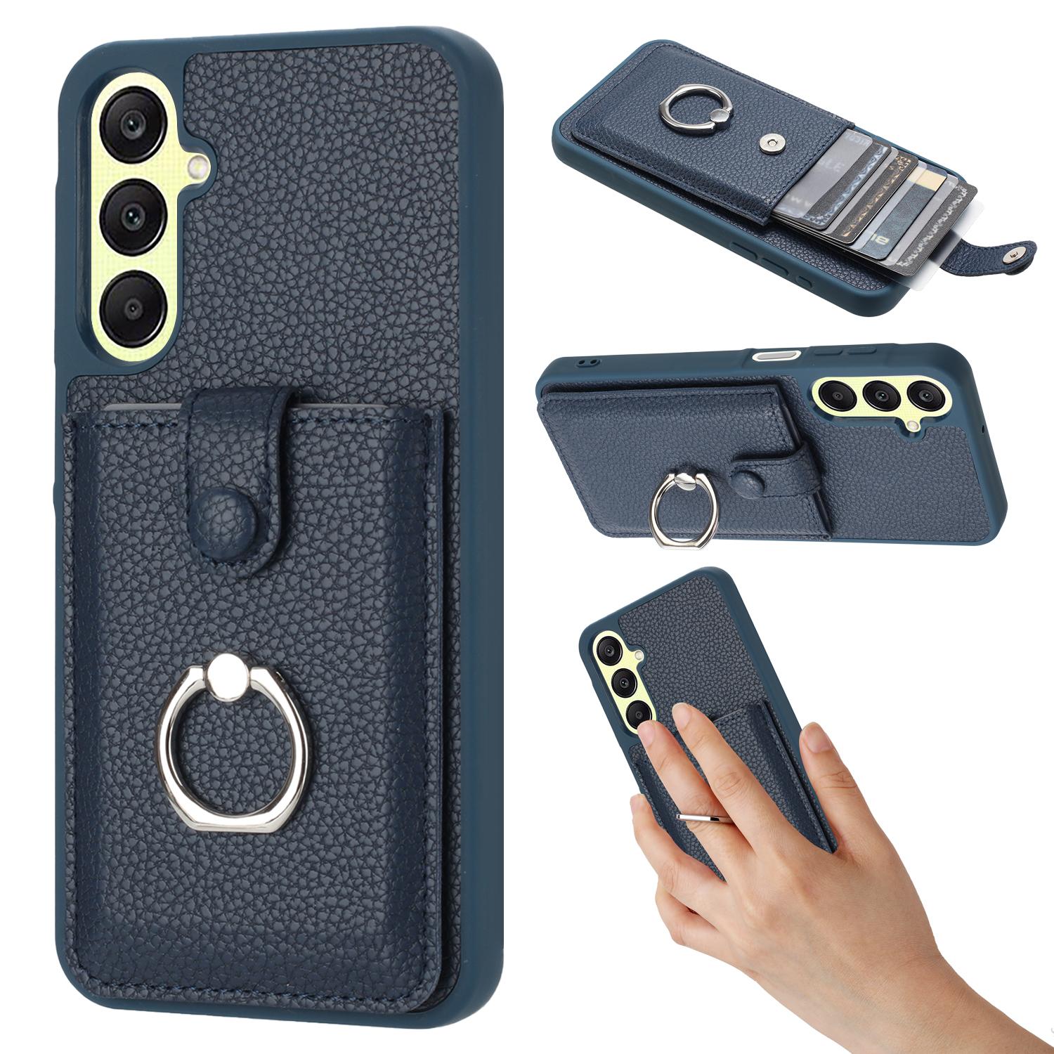 

For Samsung Galaxy A25 5G (Global) (161.0 x 76.5 x 8.3mm) Case Drawing Type Card Slots Leather Back Cover with Ring Kickstand Blue