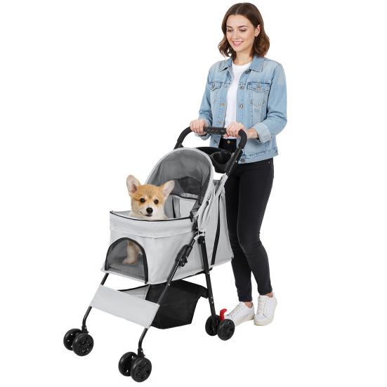 4 Wheels Pet Stroller, Foldable Cat And Dog Stroller with Mesh Windows, Cup Holder, Storage Basket, Breathable Pet Strolling Cart Holds Up To 22lbs