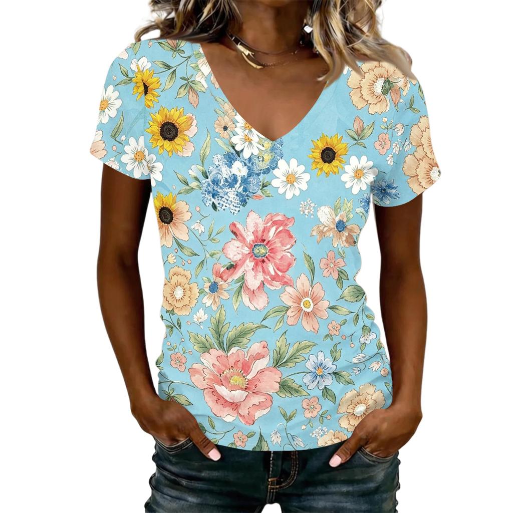 Women V Neck Short Sleeve Floral Print T Shirt Casual Lightweight Top Summer Blouse Soft Fabric Comfortable Fit