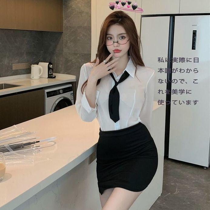 Sexy Chiffon Shirt Women's Long-sleeved Short Skirt Hip-wrapped Secretary Uniform Suit Pure Desire Style Nightdress Spring and Autumn