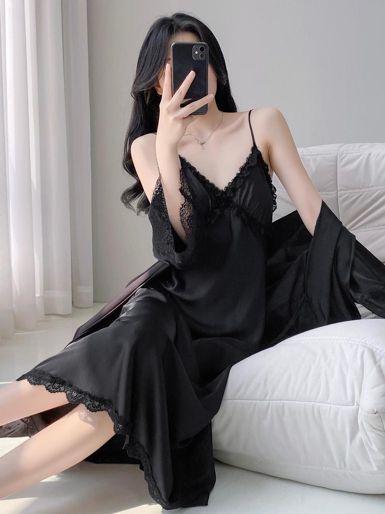 Vestaglia con Spalline Sottili in Seta di Ghiaccio - Sexy Accappatoio da Sposa per Primavera/Estate