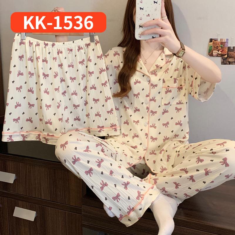Sweet Striped Bow Print Korean Style Crinkle Pajamas Set for Women - Three-Piece, Short Sleeve Homewear.