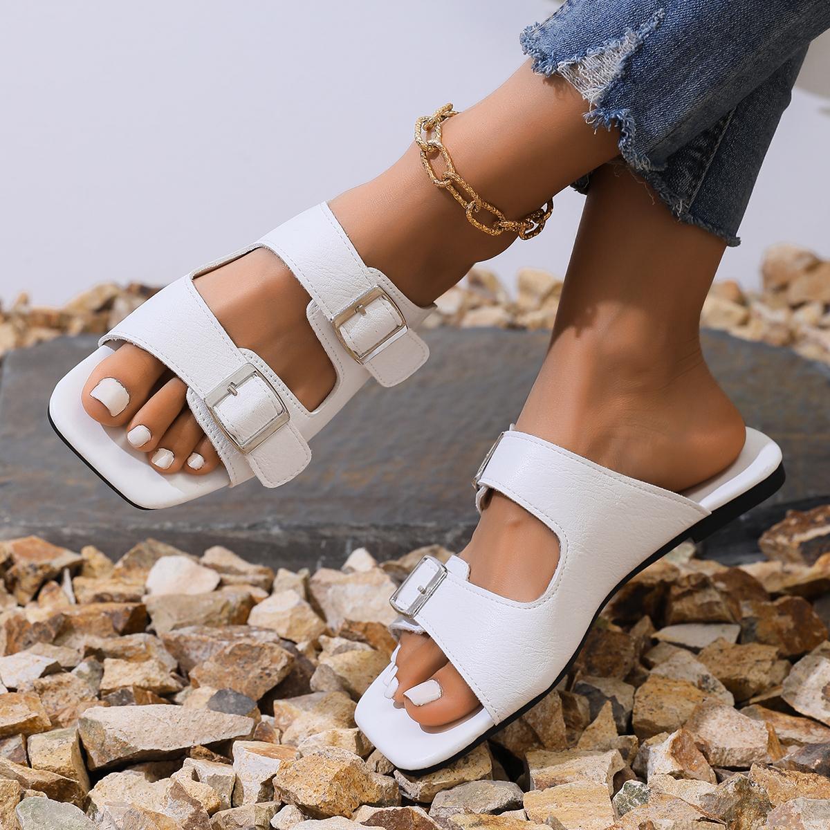 

мода Женские тапочки Квадратный носок Балетки для женщин Слипоны Открытый носок Шлепанцы Уличные Офисные Дамские Противоскользящие Металлическая отделка Сандалии 36 белый