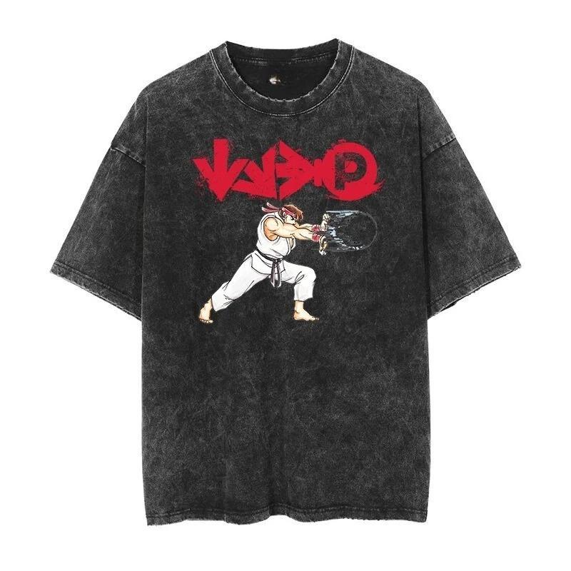 2026 Camiseta Lavada Vintage Street Fighter Jogo Clássico Estampada Harajuku Hip Hop Oversized Manga Curta Masculina Feminina Camisetas Tops Verão