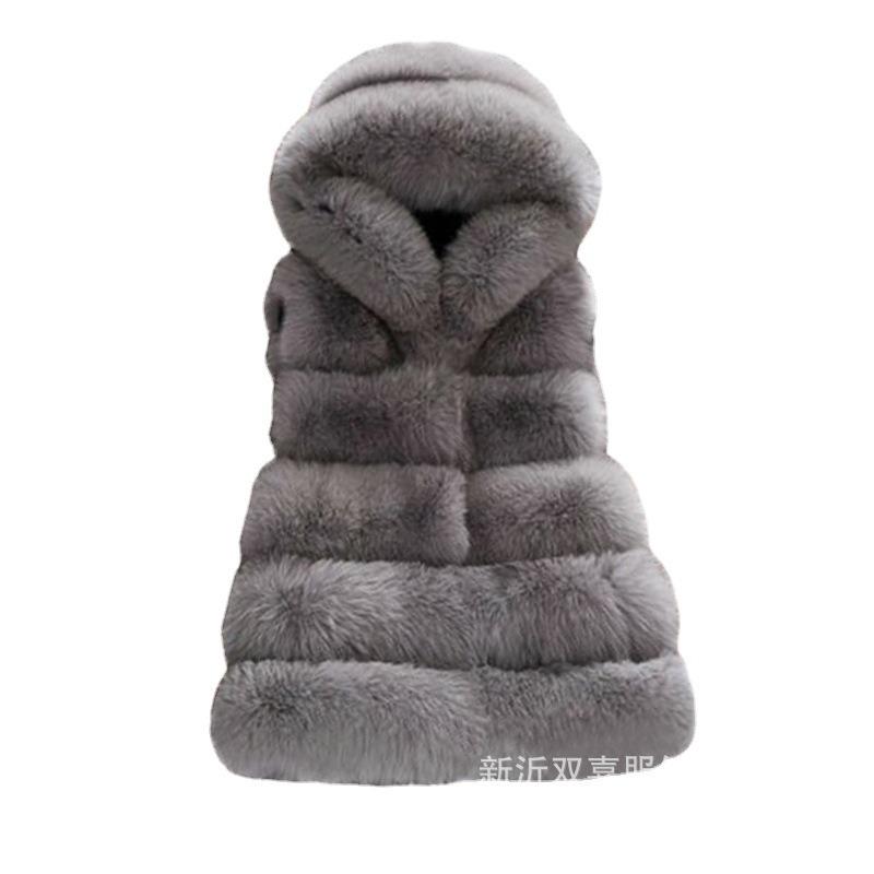 Autumn and Winter New Imitation Fox Fur Hooded Fur Vest, Women's Medium and Long Slim Fur
