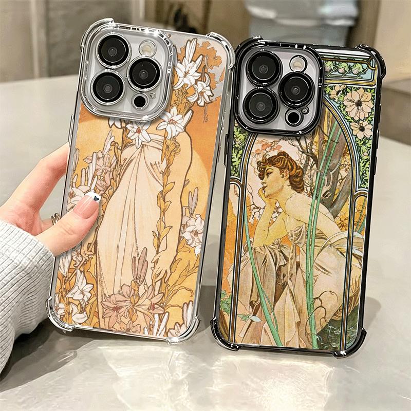 Vintage Alfons Mucha Primavera Soft Phone Case For iPhone 15 16 17 Air 14 Pro Max 16E Plus 13 12 Mini Plating Anti-Fall Fundas