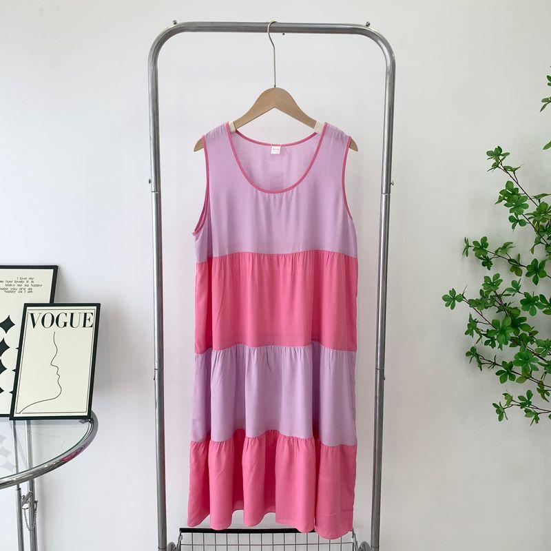 

Cute Rainbow Dress Sleeveless Cotton Silk Skirt Nightdress Dress Plus Size Loose Pajamas Home Wear for Pregnant Women Purple + red One size