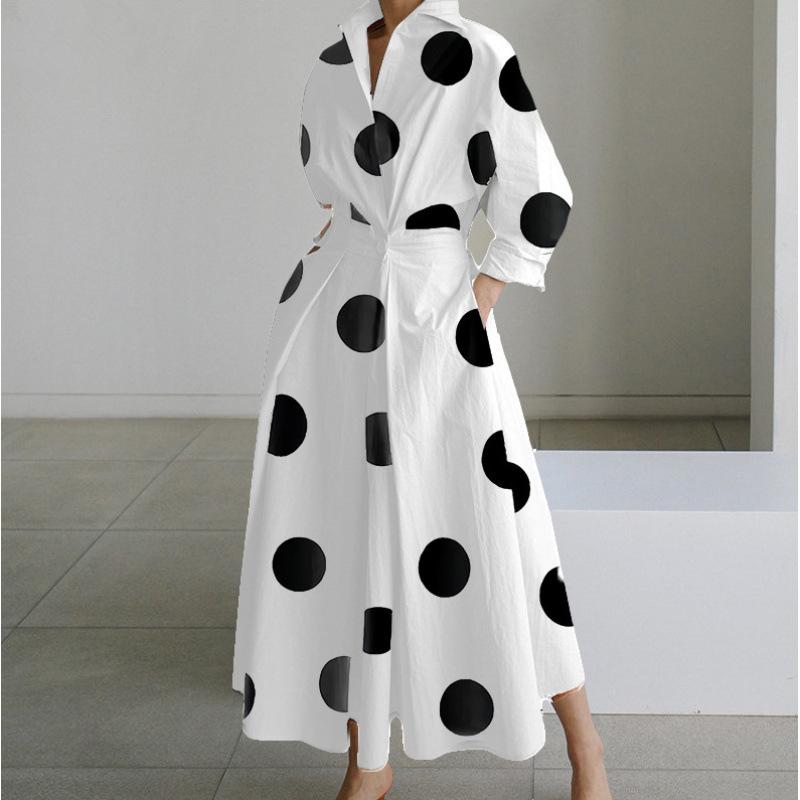 Women's Fashion Summer Spring Polka Dot Print Long Sleeve POLO Neck High Waist Casual Dresses