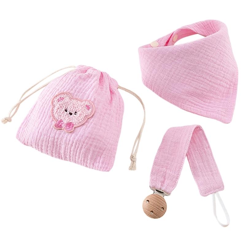 3pcs Organic Cotton Infant Bandana Bib And Pacifier Holder Combo Includes Washable Storage Pouch Baby Shower Gift Set
