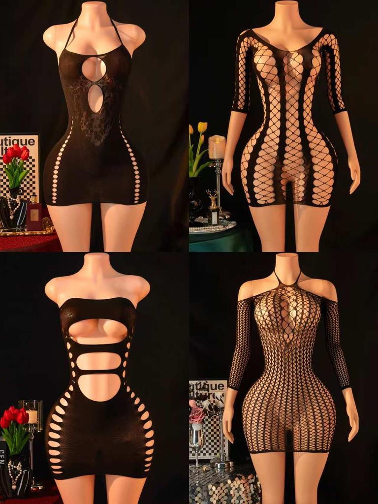 4 Pcs Women'S Sexy Lingerie Stretchy Tight-Fitting Bodysuit & Dress Sexy See-Through Hollow-Out Fishnet Babydoll For Night Club