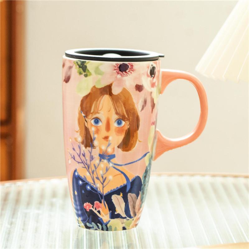 Large Capacity Ceramic Coffee Mug Travel Mug with Lid Latte Mugs With Handle Household Drinking Flower Tea Cup