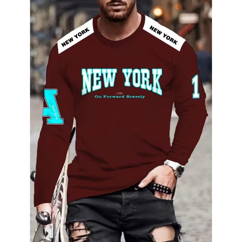 Mens T Shirt Los Angeles 3D Print Long Sleeve Autumn Striped Round Neck Outdoor Sports T-Shirt for Men Daily Men's Tops Clothing