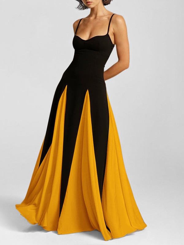 2025 Spring Women's Fashion Color Block Sling Dress with Loose Big Swing and Waist-Hugging Design