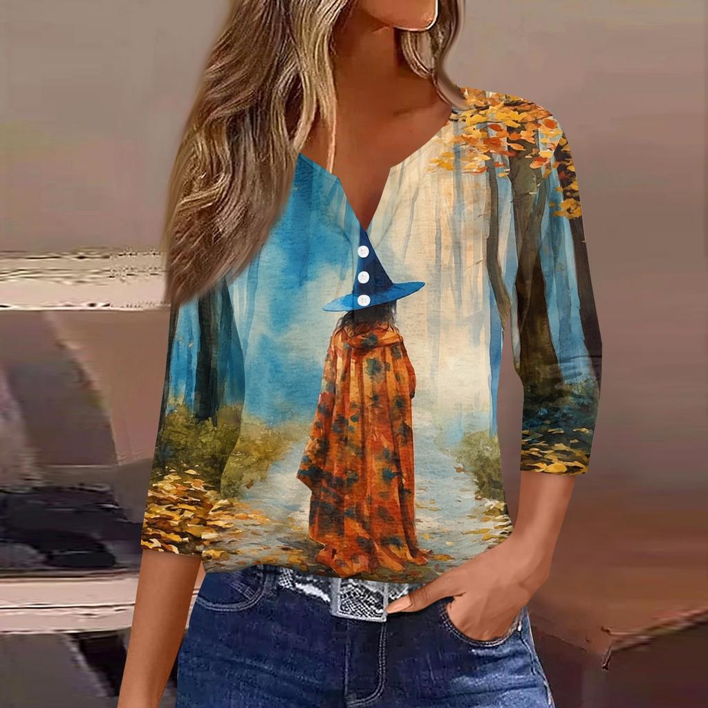 Damen Casual Halloween Print 3/4 Ärmel T-Shirt Top