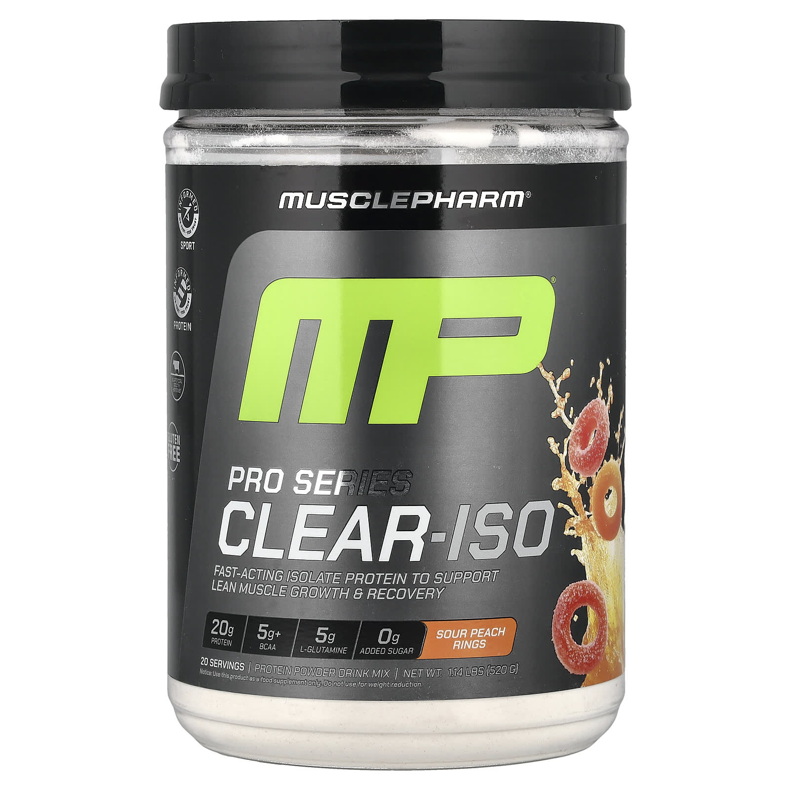 

MusclePharm, Pro Series Clear-ISO, Protein Powder Drink Mix, Sour Peach Rings, 520 mg (1.14 lbs)