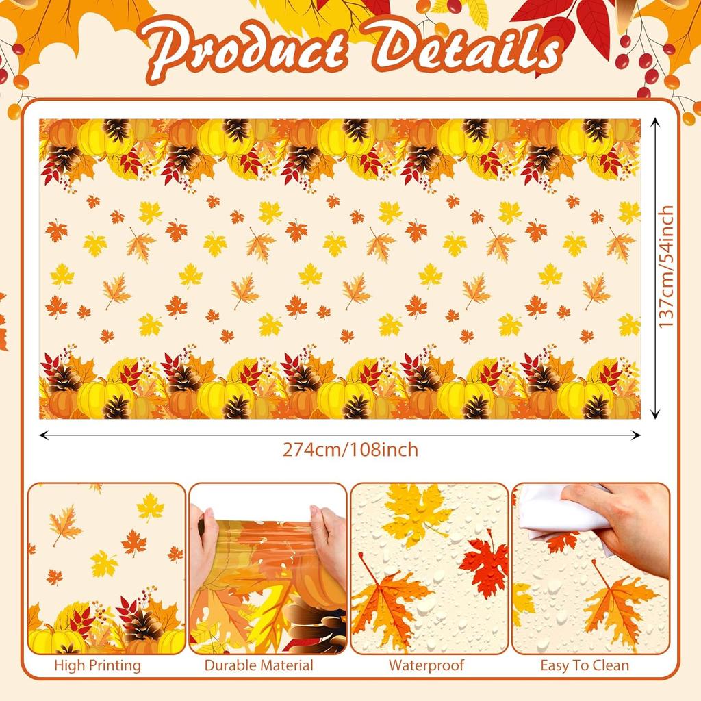 Thanksgiving Fall Disposable Tablecloth, 2 Pack Rectangle Fall Pumpkin Tablecloth Thanksgiving Table Covers Plastic for Fall Theme Harvest Party
