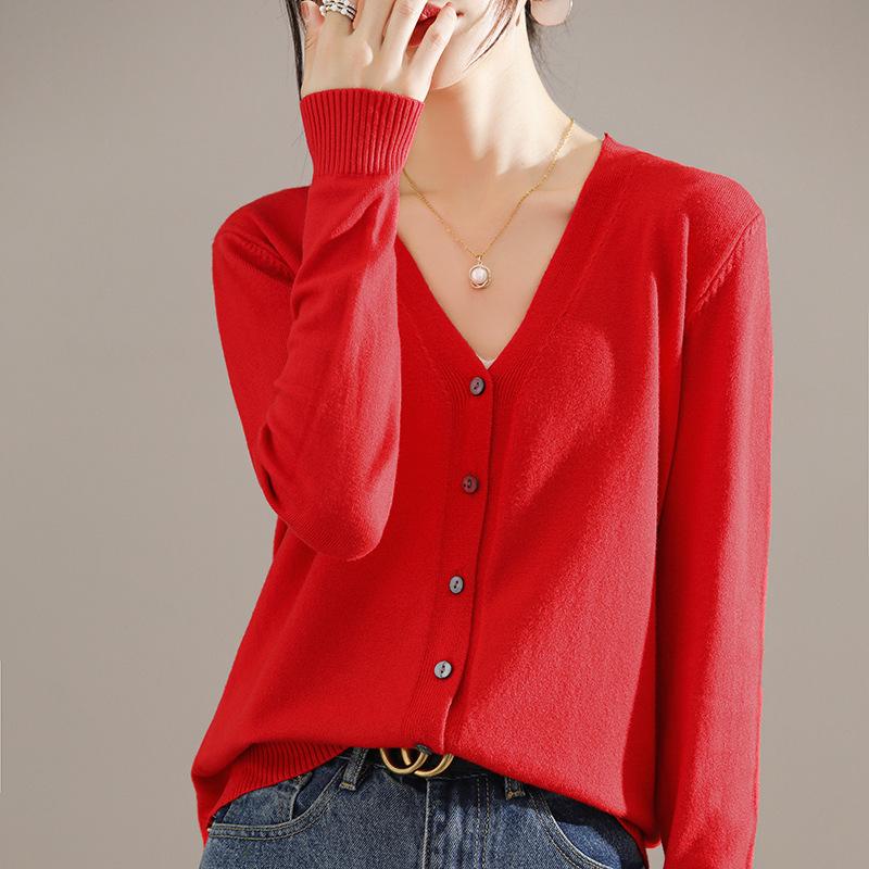 Autumn Winter Casual Fashion Solid Color V-neck Cardigan Coat Women All-match Bottomed Knitting Top