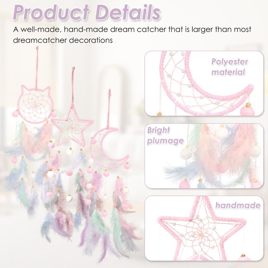 Dream Catcher Wall Decor Pink Feather Dreamcather Star Moon Wall Hanging for Girls Kids Bedroom Decor Birthday Christmas Gifts