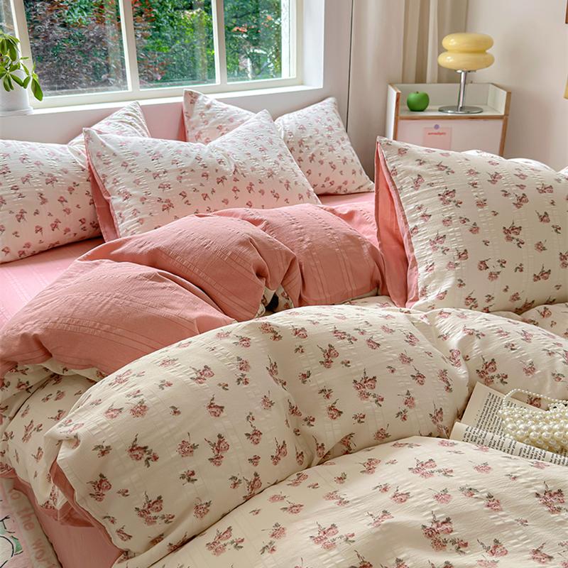 Floral Print French Style Bedding Set Bubble Cotton Duvet Cover Set Washed Cotton Flat Sheet Set Queen For Girl Decor Home