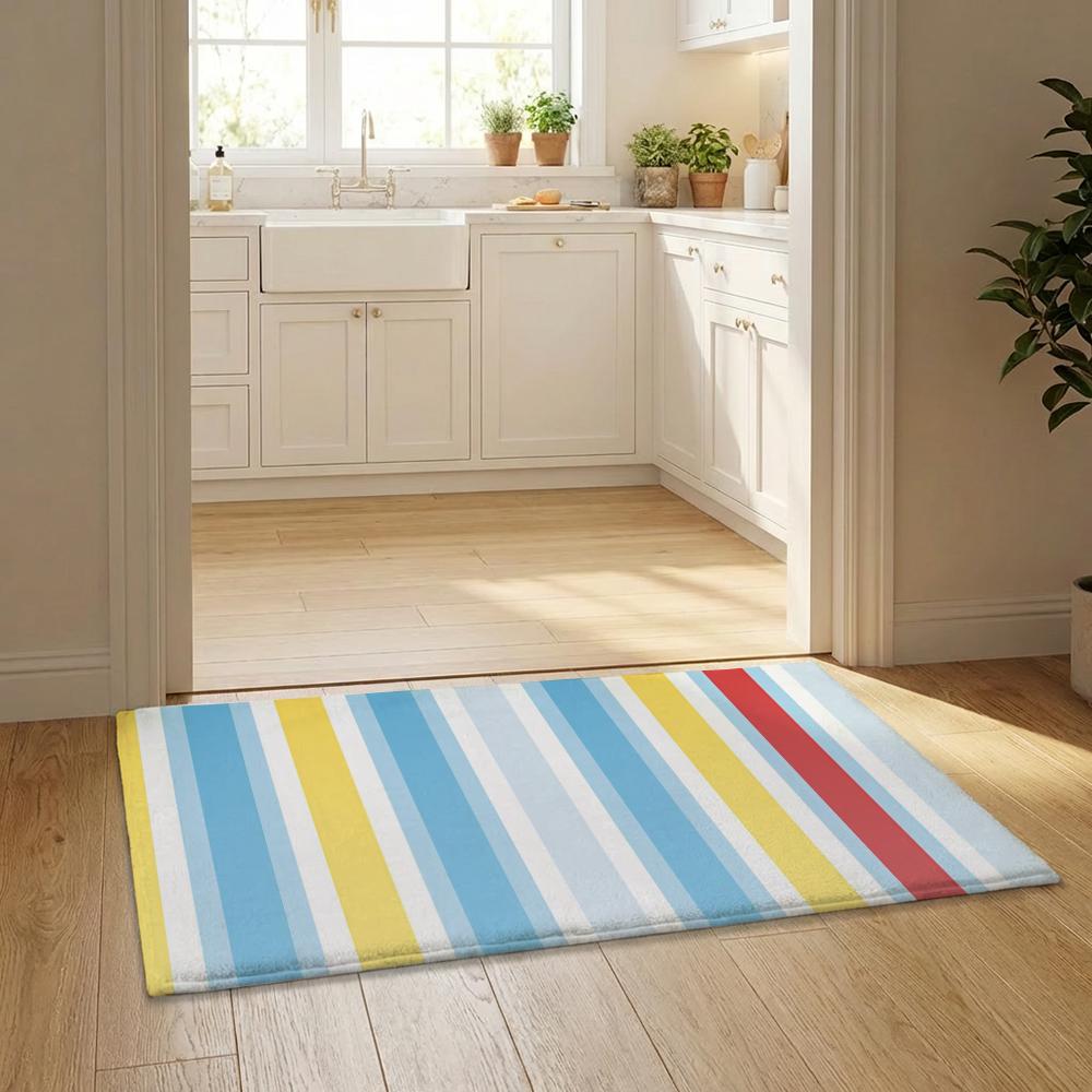 Colorful Striped Pattern Floor Mat Flannel Door Mat Non-Slip Bedroom Living Room Home Decor