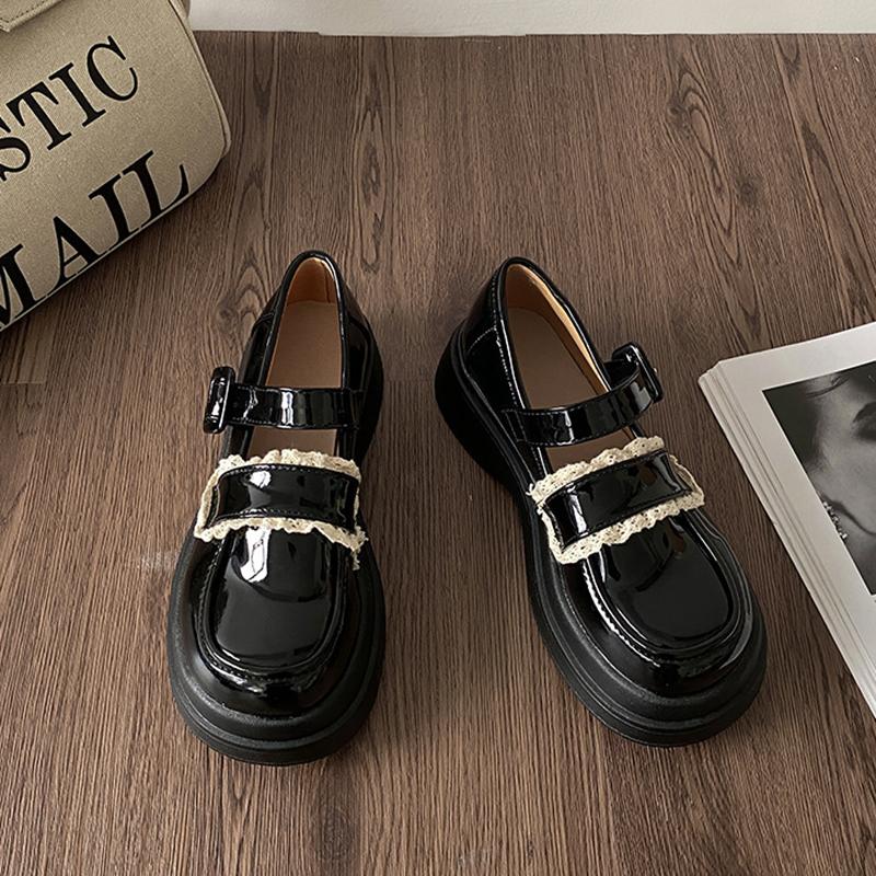2026 Frühling Herbst Leder Mary Jane Schuhe Doppel-Schnallenriemen Spitze Dekor Plateau Loafer Klobige Runde Spitze Freizeit Lolita Schuhe