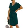 Women's Mini Dress High Waist Short Sleeve Basic Flowy Dress Loose Fit V Neck Solid Color Belted Party Dress
