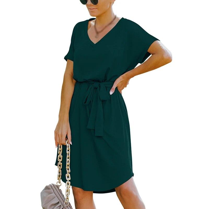 Mini abito da donna a vita alta manica corta abito fluido di base vestibilità ampia scollo a V tinta unita abito da festa con cintura