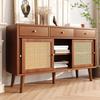 Sideboard, Chest Of Drawers with 3 Drawers and 3 Sliding Doors, Rattan Mesh On The Door Fronts, Legs Made of Solid Wood, Golden Metal Iron Handle,
