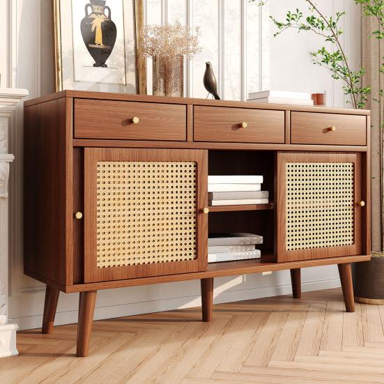 Sideboard, Chest Of Drawers with 3 Drawers and 3 Sliding Doors, Rattan Mesh On The Door Fronts, Legs Made of Solid Wood, Golden Metal Iron Handle,