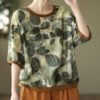 Summer Tencel Hemp Art Retro Mid Sleeve Threaded Round Neck Printed T-Shirts Women’s