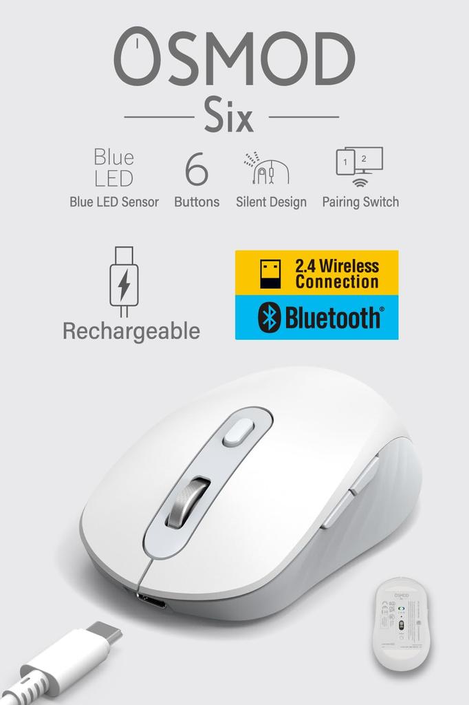 ELECOM Wireless OSMOD Bluetooth Connects to Up to 2 6 White [Renewed] Mouse, Silent, Rechargeable, Six, 2.4GHz Dual-Pairing, Devices, Buttons,