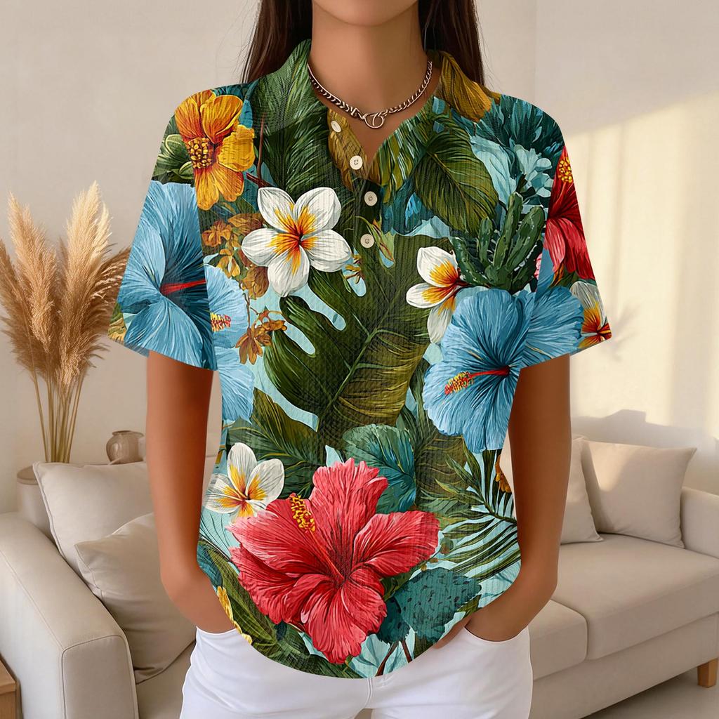 Women Casual Short Sleeve Hawaiian Print Waffle Knit Polo Shirt Lightweight Breathable Summer Top with Button Down Collar