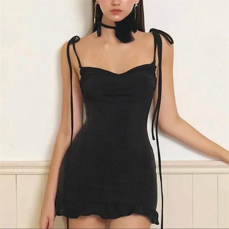 Summer Sexy Y2k Solid Sleeveless Dress Elegant Backless Lace-up Party Mini Dresses Female Fashion Chic Flounce Club Slim Clothes